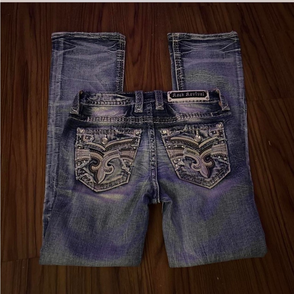 Rock Revival Distressed Embellished Back Pocket Jeans - Blue
